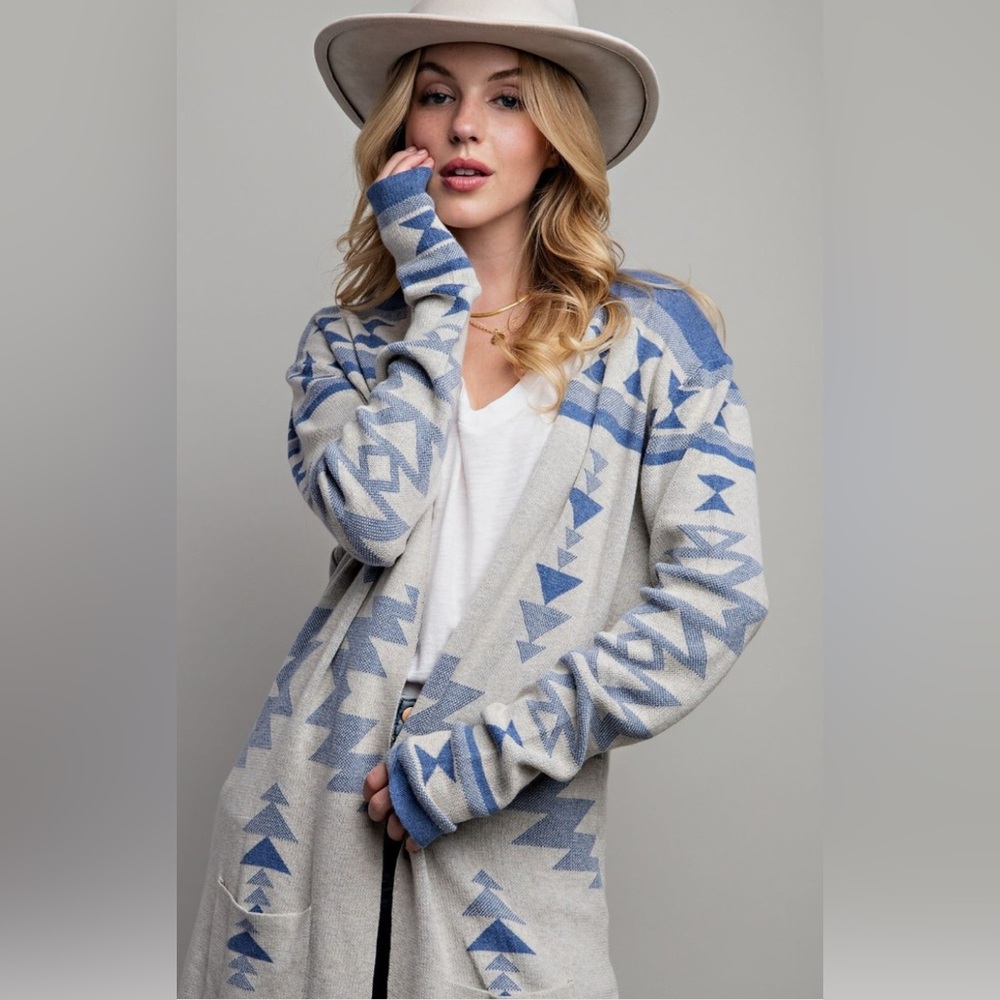 Jessica Simpson Blue Aztec Geometric Longline Duster Cardigan - Picture 2 of 14